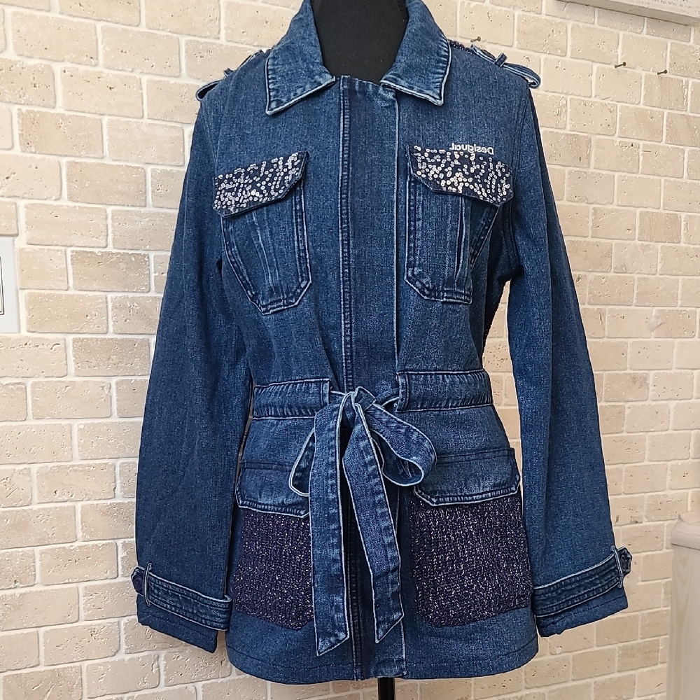 NWT Desigual Blue Denim Jacket with Sequin Accents ( Sz L)